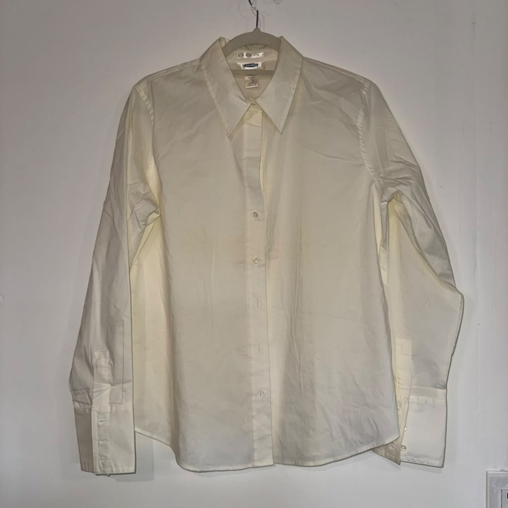 Old Navy Women's L Stretch Button Up Shirt Cream Barrel Cuffs 90s Quite Luxury